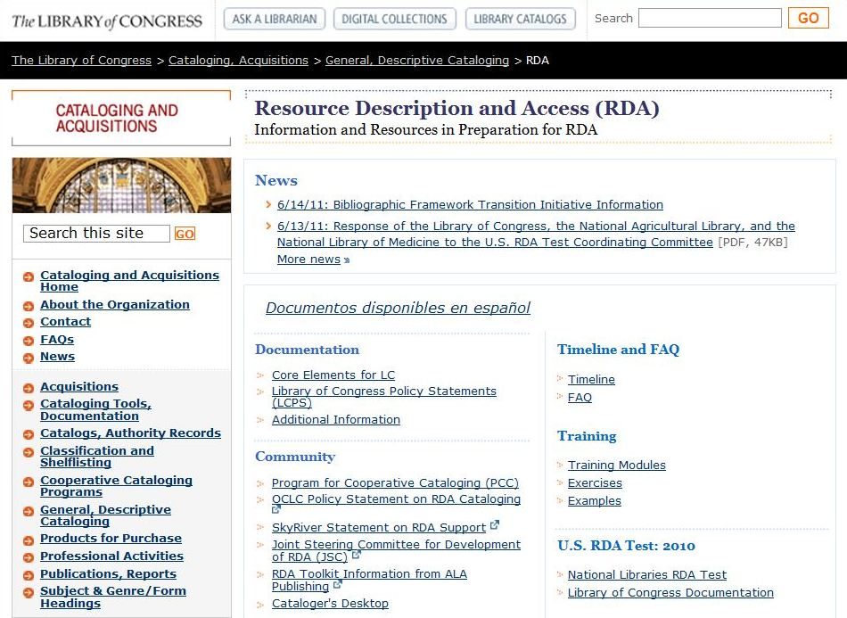 Le site RDA à la Bibliothèque du Congrès